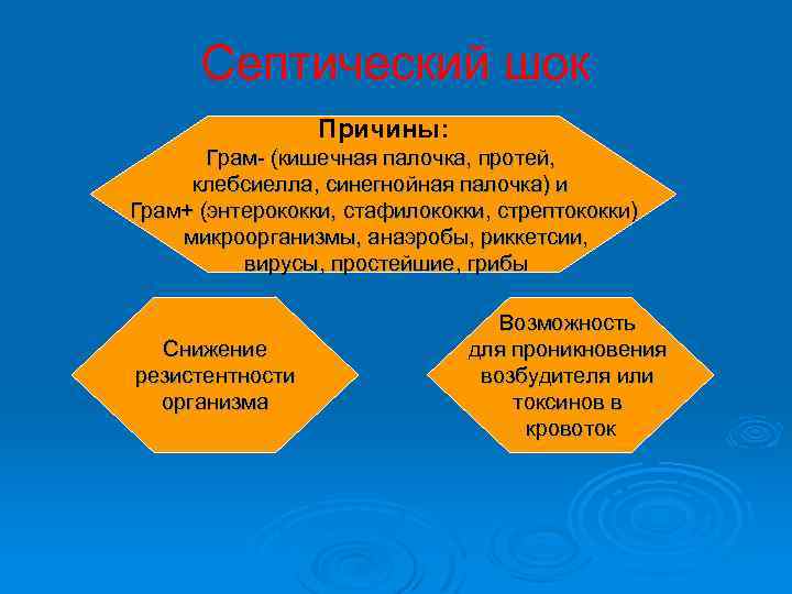  Септический шок Причины: Грам (кишечная палочка, протей, клебсиелла, синегнойная палочка) и Грам+ (энтерококки,