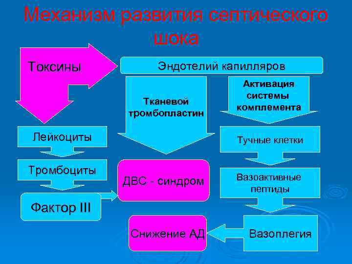 Механизм развития септического шока Токсины Эндотелий капилляров Активация системы Тканевой комплемента тромбопластин Лейкоциты Тучные