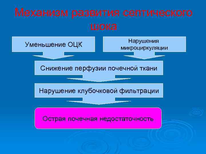 Механизм развития септического шока Нарушения Уменьшение ОЦК микроциркуляции Снижение перфузии почечной ткани Нарушение клубочковой