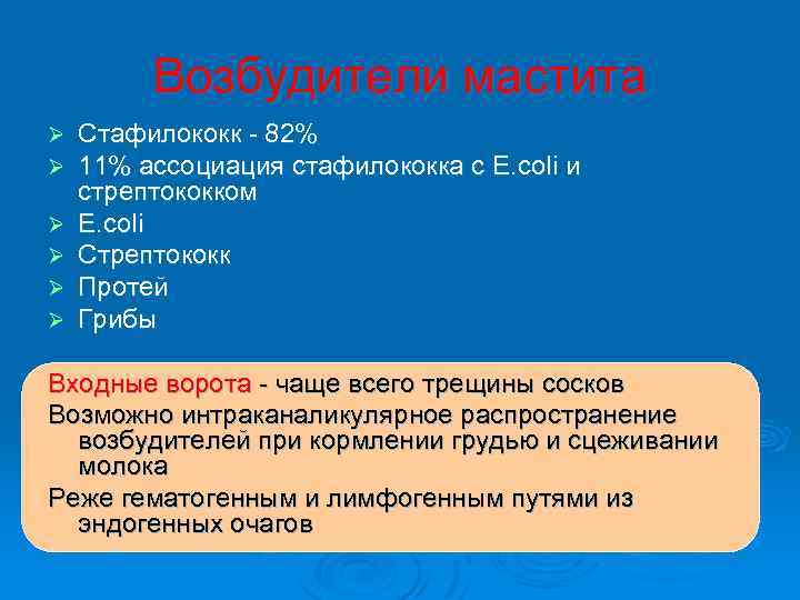  Возбудители мастита Ø Стафилококк 82% Ø 11% ассоциация стафилококка с E. coli и