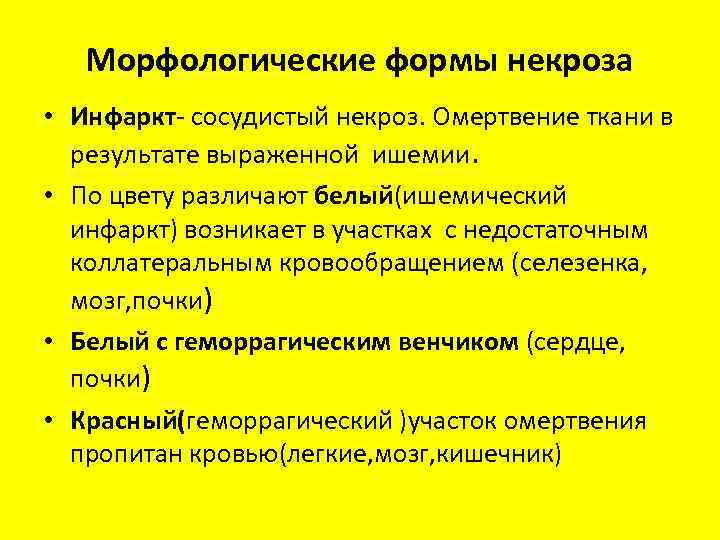 Морфологические формы некроза • Инфаркт- сосудистый некроз. Омертвение ткани в результате выраженной ишемии. •