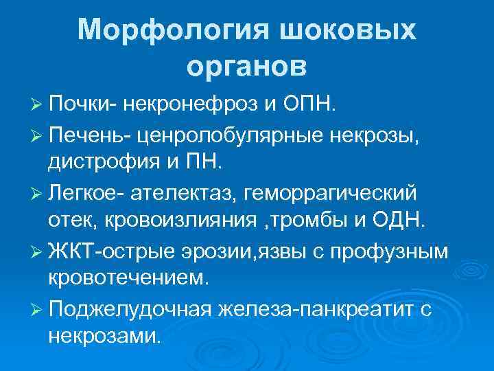 Морфология шоковых органов Ø Почки- некронефроз и ОПН. Ø Печень- ценролобулярные некрозы, дистрофия и