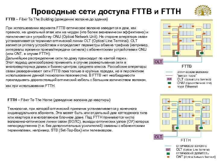 Проводные сети доступа FTTB и FTTH FTTB – Fiber To The Building (доведение волокна
