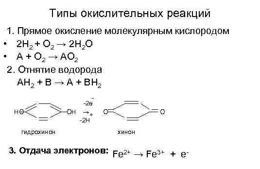 Типы окислительных реакций 1. Прямое окисление молекулярным кислородом • 2 Н 2 + О