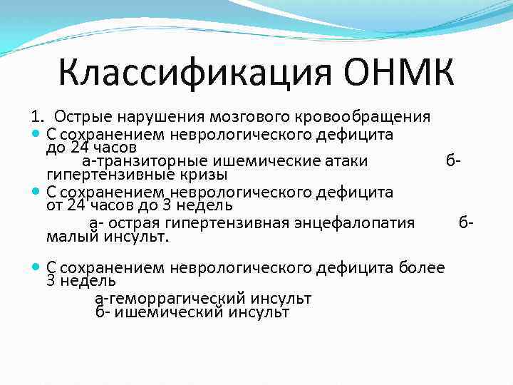  Классификация ОНМК 1. Острые нарушения мозгового кровообращения С сохранением неврологического дефицита до 24