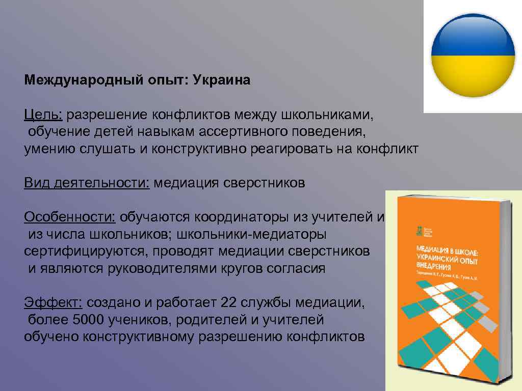 Международный опыт: Украина Цель: разрешение конфликтов между школьниками, обучение детей навыкам ассертивного поведения, умению