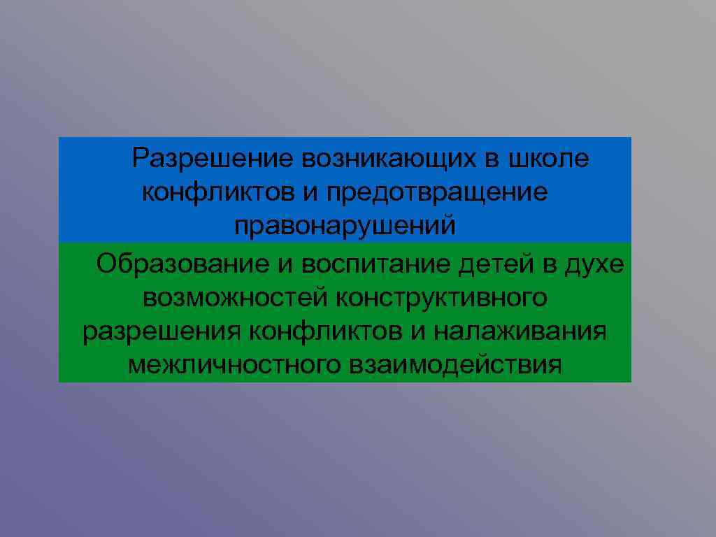 Разрешение возникающих в школе конфликтов и предотвращение правонарушений Образование и школьной медиации: духе Две