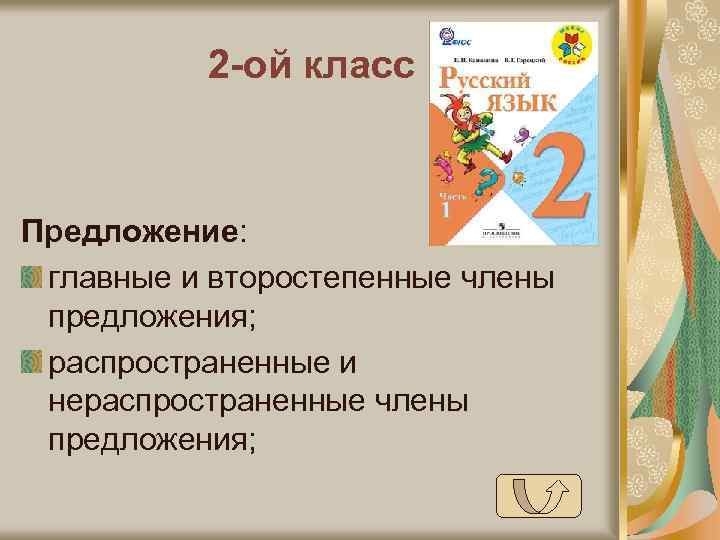 2 -ой класс Предложение: главные и второстепенные члены предложения; распространенные и нераспространенные члены предложения;