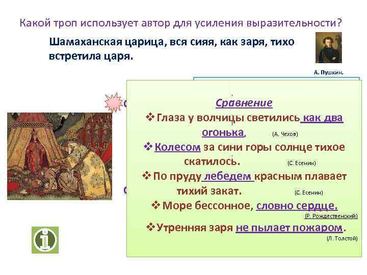 Какой троп использует автор для усиления выразительности? Шамаханская царица, вся сияя, как заря, тихо