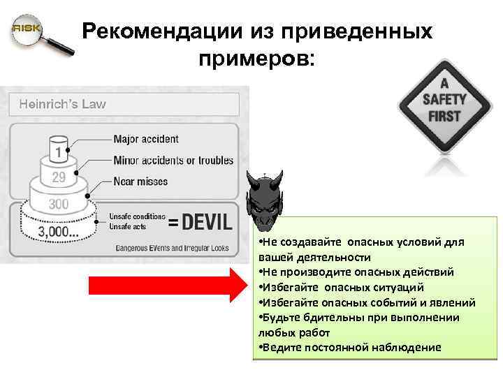 Рекомендации из приведенных примеров: • Не создавайте опасных условий для вашей деятельности • Не