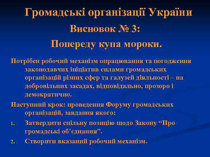 Громадські організації України Висновок № 3: Попереду купа мороки. Потрібен робочий механізм опрацювання та