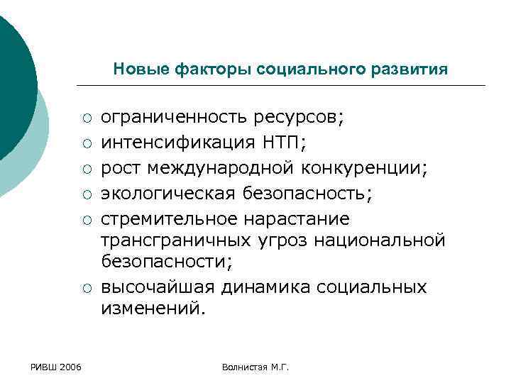 Новые факторы социального развития ¡ ¡ ¡ РИВШ 2006 ограниченность ресурсов; интенсификация НТП; рост