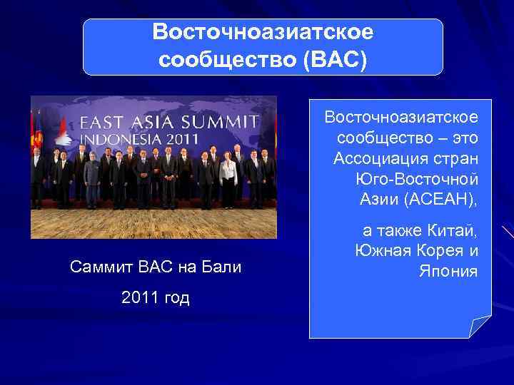 Восточноазиатское сообщество (ВАС) Восточноазиатское сообщество – это Ассоциация стран Юго-Восточной Азии (АСЕАН), Саммит ВАС