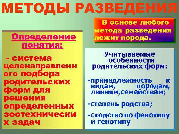 МЕТОДЫ РАЗВЕДЕНИЯ Определение понятия: - система целенаправленн ого подбора родительских форм для решения определенных