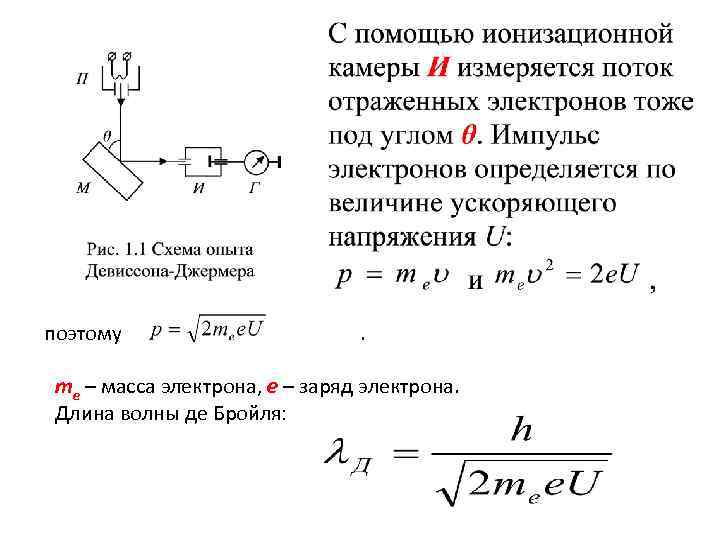 поэтому . me – масса электрона, e – заряд электрона. Длина волны де Бройля: