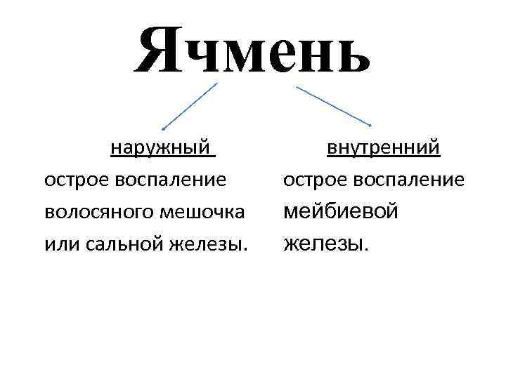 Ячмень наружный острое воспаление волосяного мешочка или сальной железы. внутренний острое воспаление мейбиевой железы.