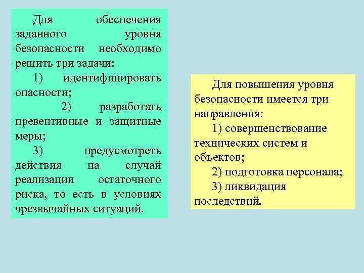 Для обеспечения заданного уровня безопасности необходимо решить три задачи: 1) идентифицировать опасности; 2) разработать