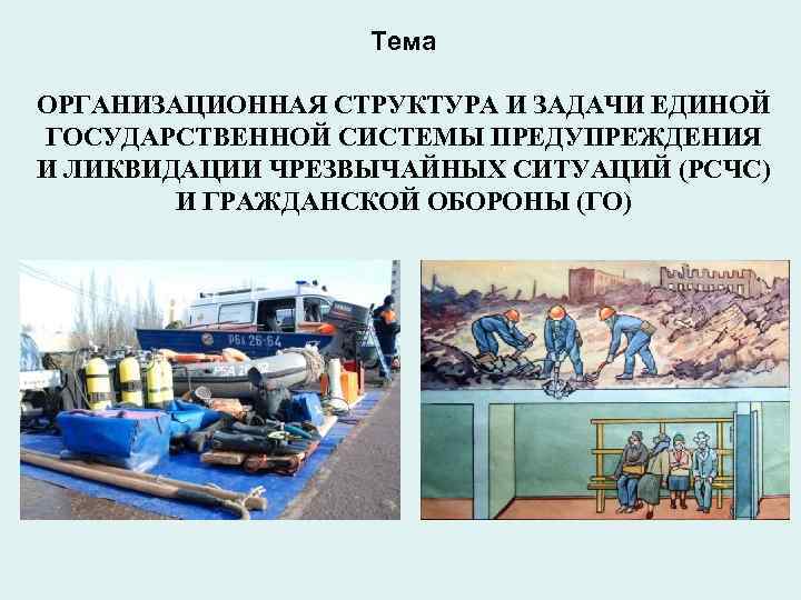 Тема ОРГАНИЗАЦИОННАЯ СТРУКТУРА И ЗАДАЧИ ЕДИНОЙ ГОСУДАРСТВЕННОЙ СИСТЕМЫ ПРЕДУПРЕЖДЕНИЯ И ЛИКВИДАЦИИ ЧРЕЗВЫЧАЙНЫХ СИТУАЦИЙ (РСЧС)