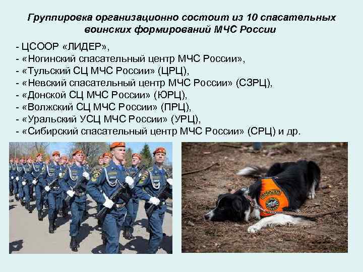 Группировка организационно состоит из 10 спасательных воинских формирований МЧС России - ЦСООР «ЛИДЕР» ,