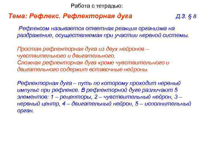 Работа с тетрадью: Тема: Рефлекс. Рефлекторная дуга Д. З. § 8 Рефлексом называется ответная