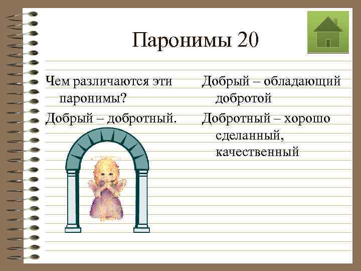 Паронимы 20 Чем различаются эти паронимы? Добрый – добротный. Добрый – обладающий добротой Добротный