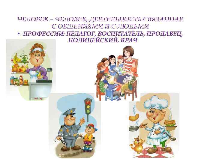 ЧЕЛОВЕК – ЧЕЛОВЕК, ДЕЯТЕЛЬНОСТЬ СВЯЗАННАЯ С ОБЩЕНИЯМИ И С ЛЮДЬМИ • ПРОФЕССИИ: ПЕДАГОГ, ВОСПИТАТЕЛЬ,
