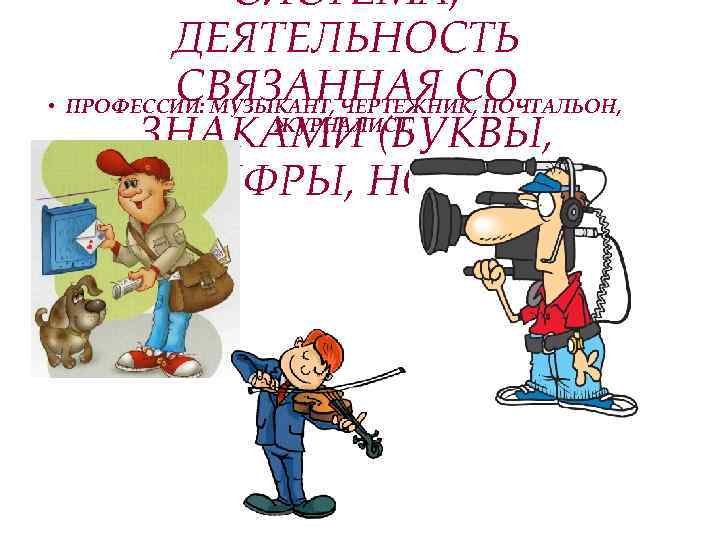 СИСТЕМА, ДЕЯТЕЛЬНОСТЬ СВЯЗАННАЯ СО • ПРОФЕССИИ: МУЗЫКАНТ, ЧЕРТЕЖНИК, ПОЧТАЛЬОН, ЖУРНАЛИСТ. ЗНАКАМИ (БУКВЫ, ЦИФРЫ, НОТЫ)