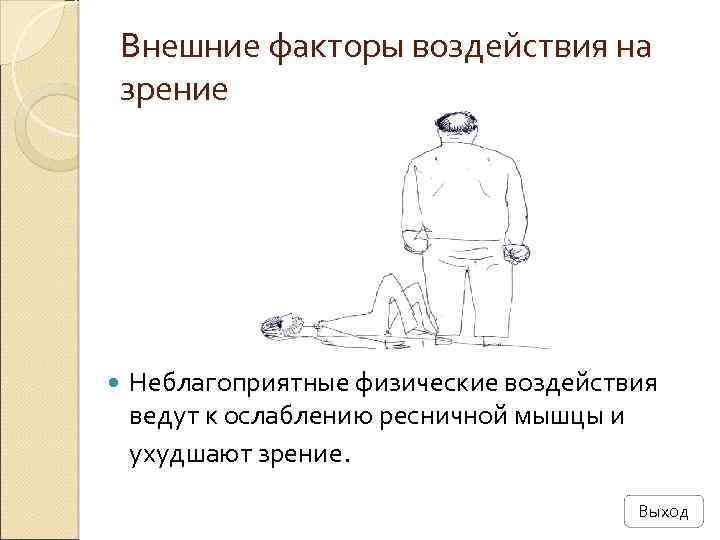 Внешние факторы воздействия на зрение Неблагоприятные физические воздействия ведут к ослаблению ресничной мышцы и