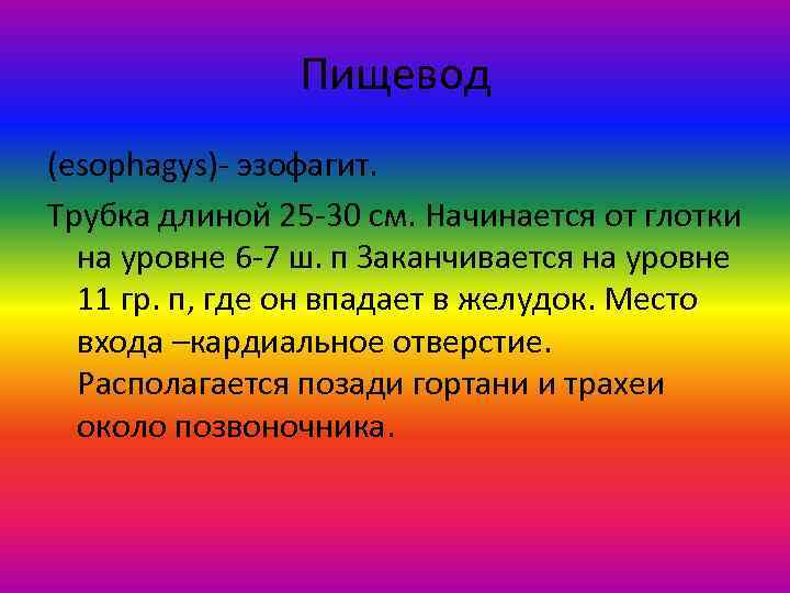 Пищевод (esophagys)- эзофагит. Трубка длиной 25 -30 см. Начинается от глотки на уровне 6