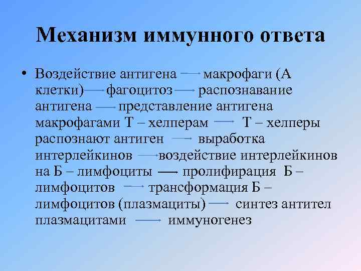 Механизм иммунного ответа • Воздействие антигена макрофаги (А клетки) фагоцитоз распознавание антигена представление антигена