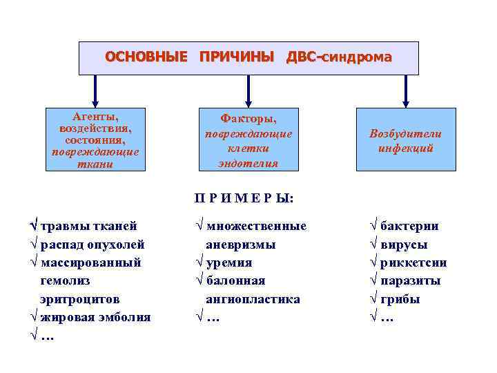 ОСНОВНЫЕ ПРИЧИНЫ ДВС-синдрома Агенты, воздействия, состояния, повреждающие ткани Факторы, повреждающие клетки эндотелия Возбудители инфекций