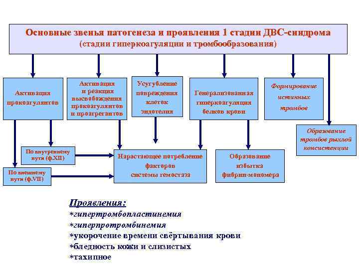 Основные звенья патогенеза и проявления 1 стадии ДВС-синдрома (стадии гиперкоагуляции и тромбообразования) Активация и