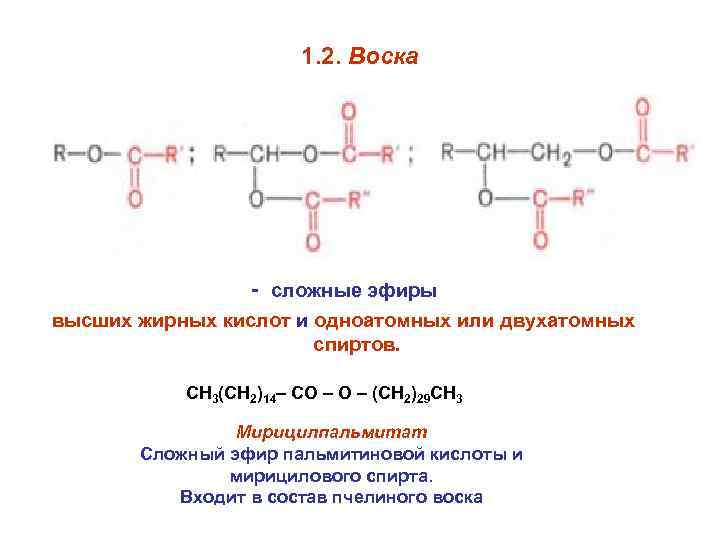 1. 2. Воска - сложные эфиры высших жирных кислот и одноатомных или двухатомных спиртов.