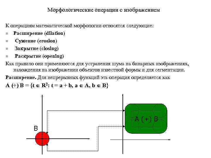 Морфологические операции с изображением К операциям математической морфологии относятся следующие: n Расширение (dilation) n