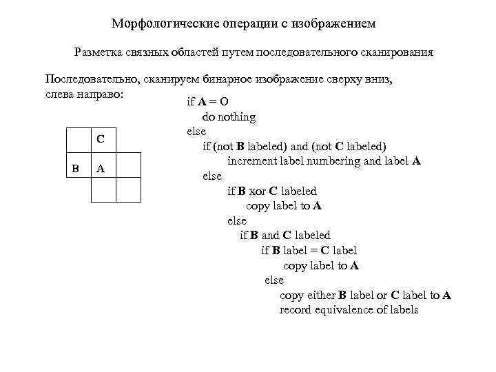 Морфологические операции с изображением Разметка связных областей путем последовательного сканирования Последовательно, сканируем бинарное изображение