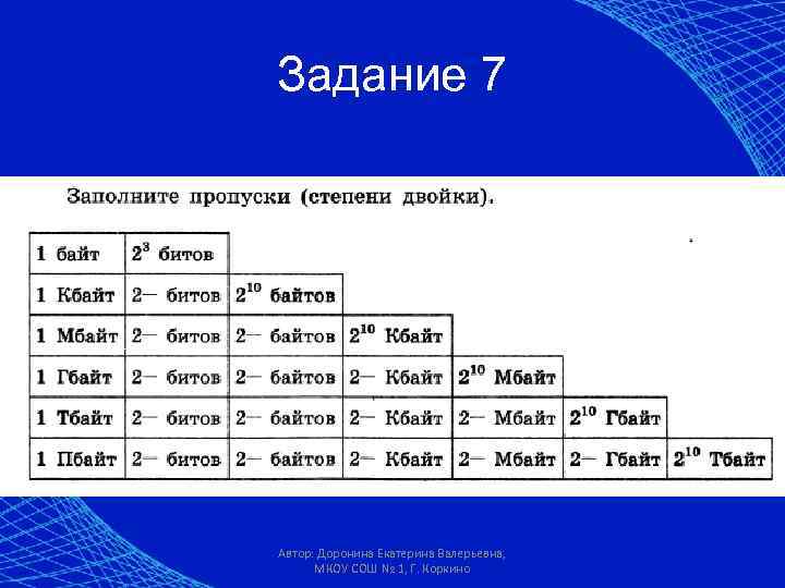 Задание 7 Автор: Доронина Екатерина Валерьевна, МКОУ СОШ № 1, Г. Коркино 
