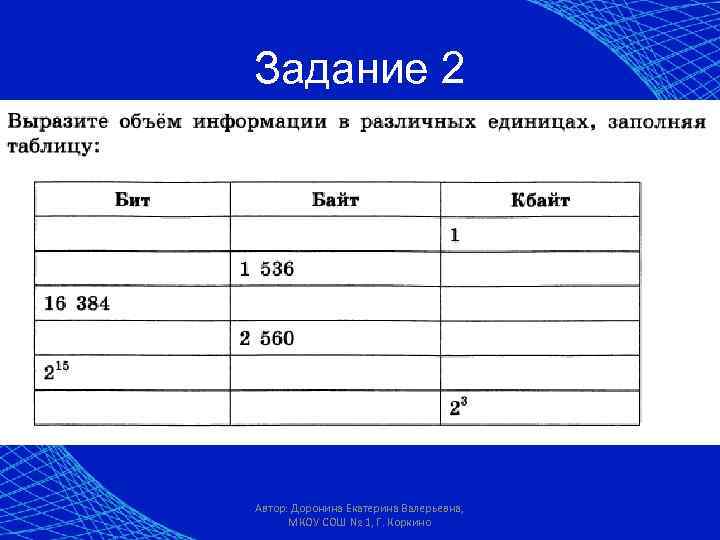 Задание 2 Автор: Доронина Екатерина Валерьевна, МКОУ СОШ № 1, Г. Коркино 