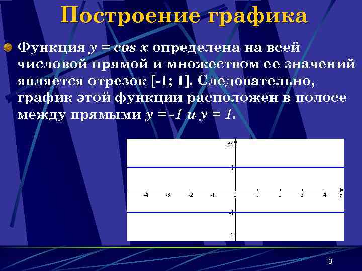 Построение графика Функция y = cos x определена на всей числовой прямой и множеством
