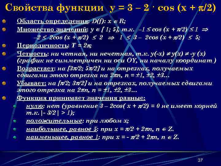 Свойства функции y = 3 – 2 · cos (x + /2) Область определения: