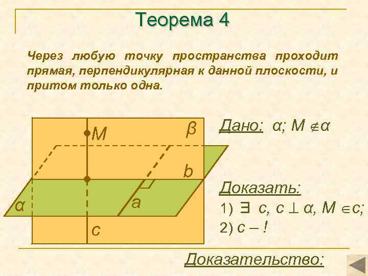 Теорема 4 Через любую точку пространства проходит прямая, перпендикулярная к данной плоскости, и притом