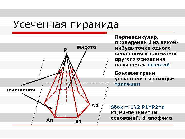 Усеченная пирамида P высота Перпендикуляр, проведенный из какойнибудь точки одного основания к плоскости другого