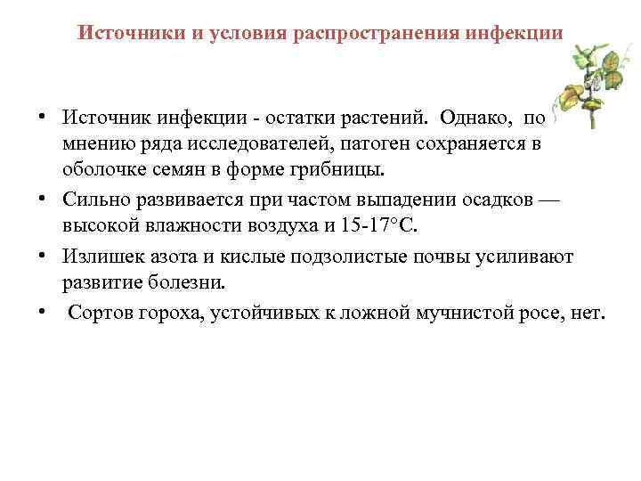 Источники и условия распространения инфекции • Источник инфекции - остатки растений. Однако, по мнению