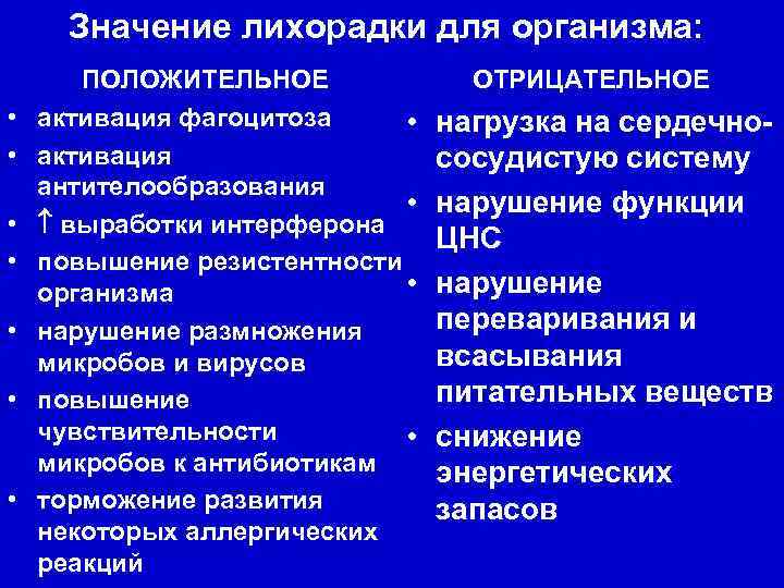 Значение лихорадки для организма: • • ПОЛОЖИТЕЛЬНОЕ активация фагоцитоза • активация антителообразования • выработки