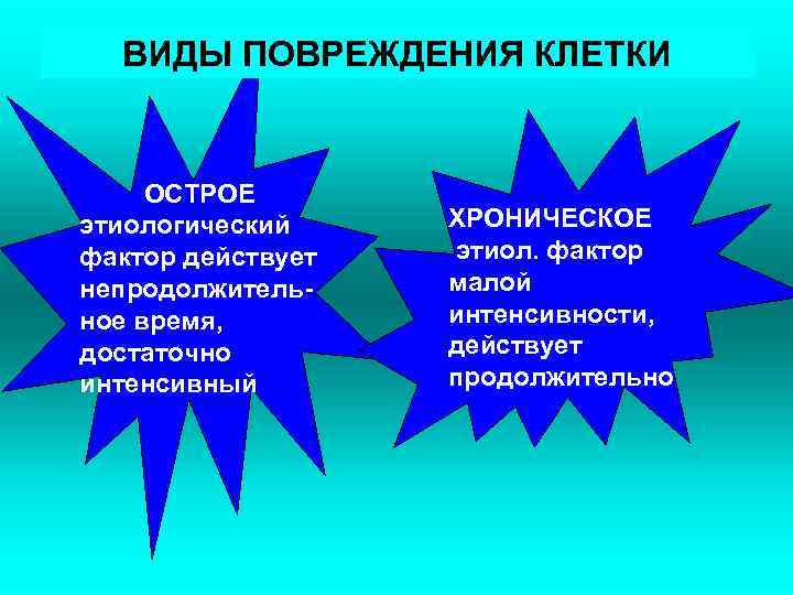 ВИДЫ ПОВРЕЖДЕНИЯ КЛЕТКИ ОСТРОЕ этиологический фактор действует непродолжительное время, достаточно интенсивный ХРОНИЧЕСКОЕ этиол. фактор