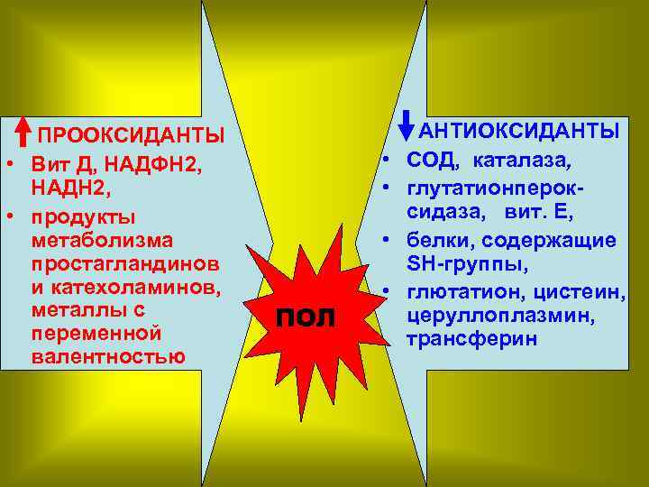 ПРООКСИДАНТЫ • Вит Д, НАДФН 2, НАДН 2, • продукты метаболизма простагландинов и катехоламинов,