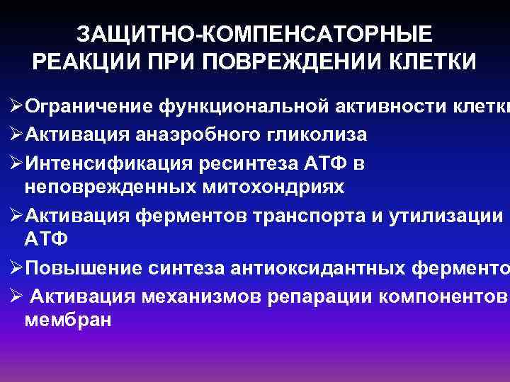 ЗАЩИТНО-КОМПЕНСАТОРНЫЕ РЕАКЦИИ ПРИ ПОВРЕЖДЕНИИ КЛЕТКИ ØОграничение функциональной активности клетки ØАктивация анаэробного гликолиза ØИнтенсификация ресинтеза