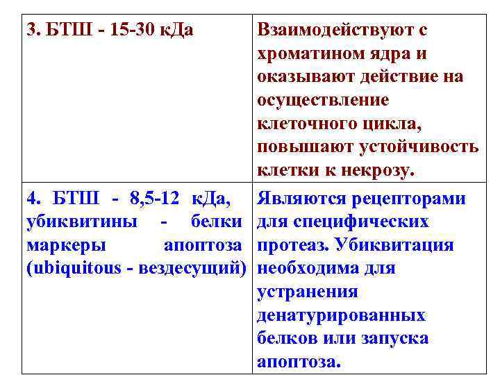 3. БТШ - 15 -30 к. Да Взаимодействуют с хроматином ядра и оказывают действие