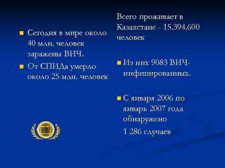 n n Сегодня в мире около 40 млн. человек заражены ВИЧ. От СПИДа умерло