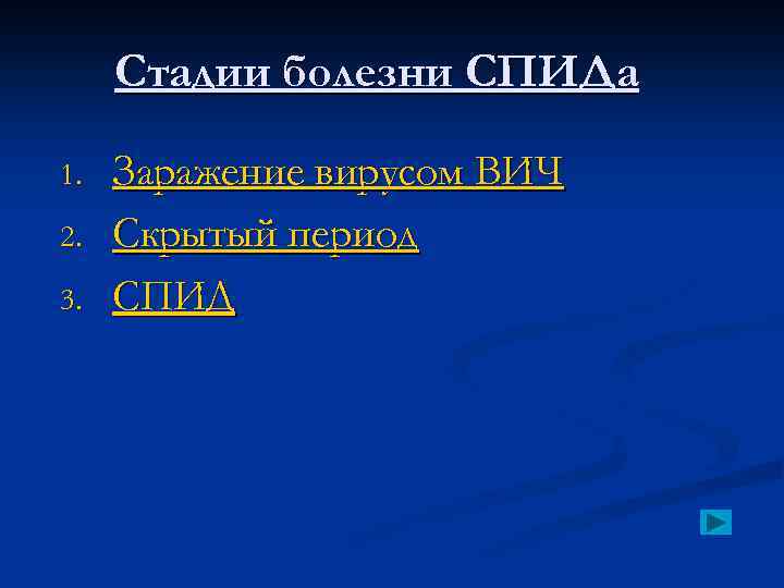 Стадии болезни СПИДа 1. 2. 3. Заражение вирусом ВИЧ Скрытый период СПИД 
