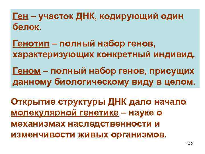 Ген – участок ДНК, кодирующий один белок. Генотип – полный набор генов, характеризующих конкретный